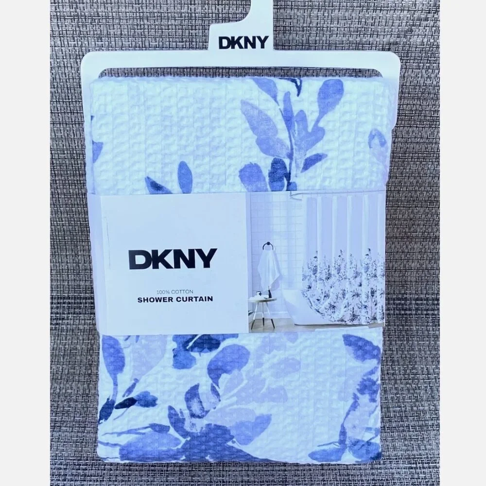 DKNY Floral Silhouette Waffle White Blue Cotton Fabric Shower Curtain 72